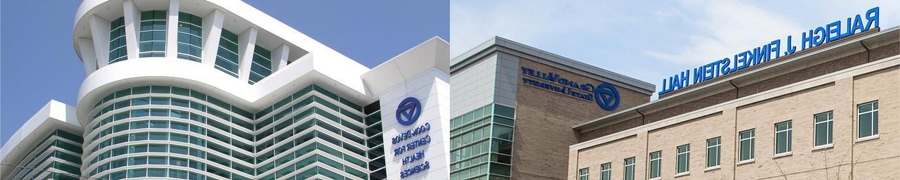 Outside views of GVSU's Raleigh J. Finkelstein Hall and the Cook-DeVos Center for Health Sciences
